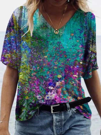 Women Casual Floral Print Tie dye V Neck Short Sleeve Shirt