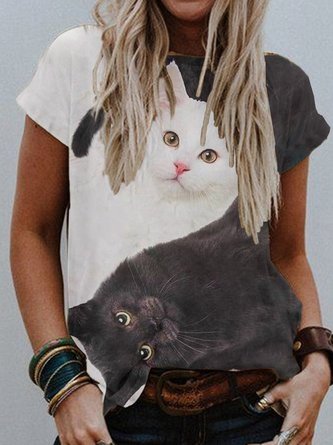 Plus Size Casual Animal Cotton-Blend Cat Shirts & Tops