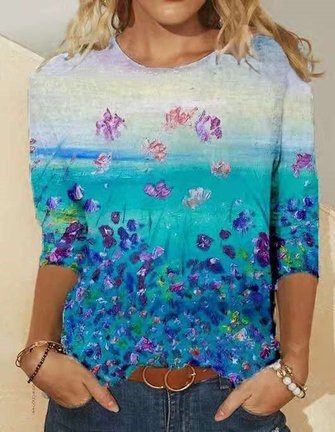 Casual Floral Printed 3/4 Sleeve Shirts & Tops