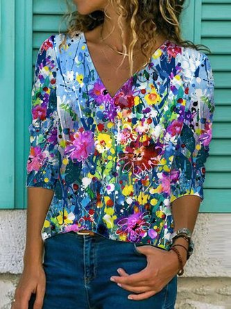 Women's Spring&Summer Casual Floral Printed V-Neck 3/4 Sleeve Shirts & Tops