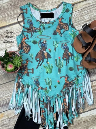 Fringed Sleeveless A-Line Vintage Shirt & Top