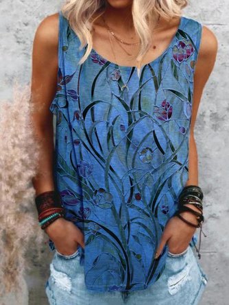 Women's Summer Sleeveless Crew Neck Floral-Print Floral Blue Tank Top