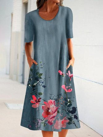 Floral-Print A-Line Short Sleeve Weaving Dress