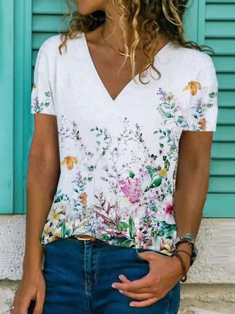 Floral  Short Sleeve  Printed  Cotton-blend  V neck  Vintage  Summer  White Top
