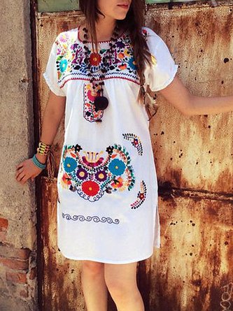 Cotton Short Sleeve Casual Floral Weaving Dress