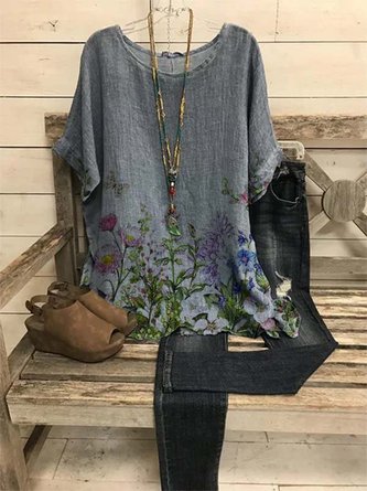 Short Sleeve Crew Neck Casual Floral-print Tops