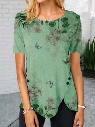 Floral  Short Sleeve Printed Cotton-blend Crew Neck  Vintage  Summer  Green Top