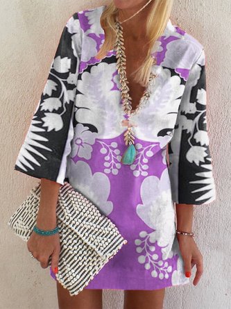 3/4 Sleeve Shift Cotton-Blend V Neck Weaving Dress