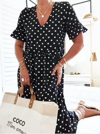 Black Polka Dots Printed V Neck Frill Sleeve Short Sleeve Holiday Casual Weaving Dress