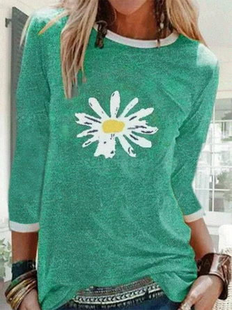 Casual 3/4 Sleeve Floral-print Crew Neck Tops