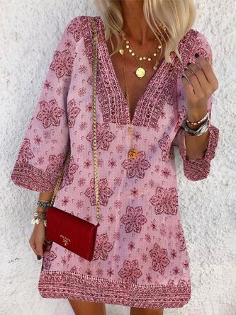 Floral Resort Crew Neck Weaving Dress