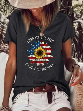 Floral Printed Crew Neck Independence Day Short Sleeve Casual T-shirt With America Flag