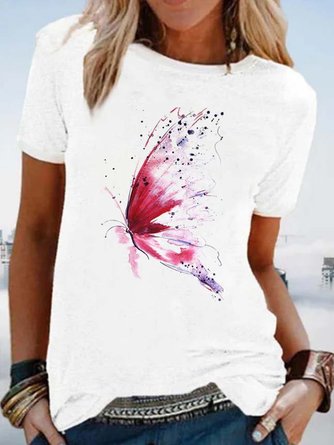 Butterfly  Short Sleeve  Printed  Cotton-blend  Crew Neck  Casual  Summer  White Top