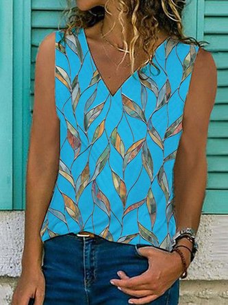 Leaves Sleeveless  Printed  Cotton-blend  V neck Holiday Summer Blue Top