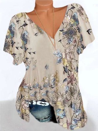 Women's Summer V Neck Shift Short Sleeve Vintage Floral Blouses & Shirts