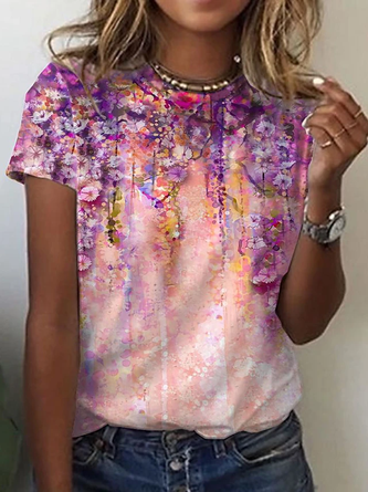 Women's Short Sleeve Floral-Print Crew Neck Holiday T-Shirts