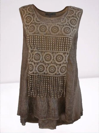 Sleeveless  Lace  Polyester  Crew Neck  Vintage Summer  Brown Top
