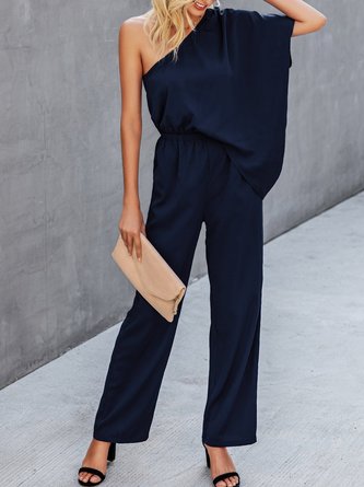 Vintage Solid Short Sleeve Off Shoulder Casual Jumpsuits