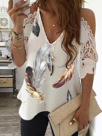Vintage Lace Half Sleeve Feather Printed V Neck Plus Size Casual Tops