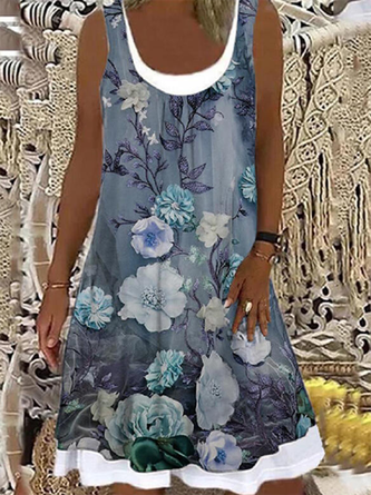 Women Casual Floral Print Round Neck Sleeveless Mini Dresses(Contains lining)