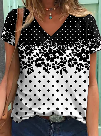 V Neck Floral-print Short Sleeve Casual T-shirt