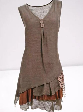 Women Paneled Vintage Cotton-Blend Sleeveless V Neck Summer Dresses
