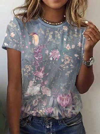 Vintage Short Sleeve Floral Printed Crew Neck Plus Size Casual Tops
