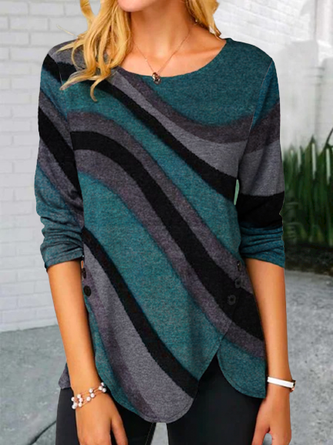 Cotton-Blend Crew Neck Casual Long Sleeve Top