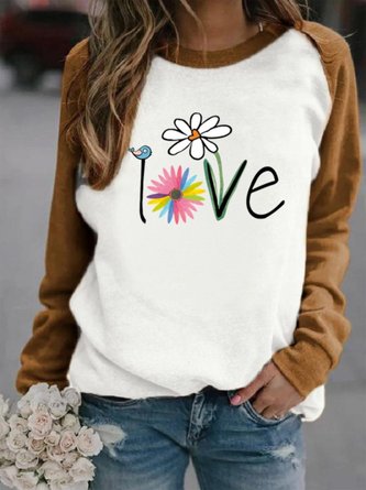 Vintage Color-block Love Floral Printed Long Sleeve Crew Neck Plus Size Casual Sweatshirts