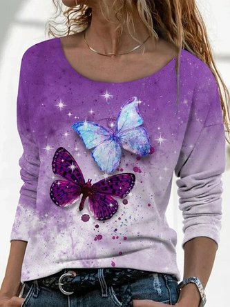 Purple Butterfly Printed Shift Casual Long Sleeve Round Neck Top
