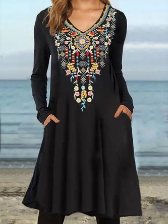 Neckline heavy craft embroidery long sleeve dress