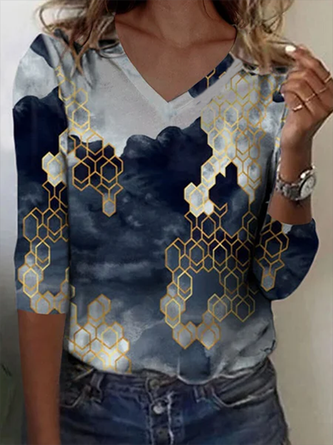 3/4 Sleeve Casual Printed V Neck T-shirt