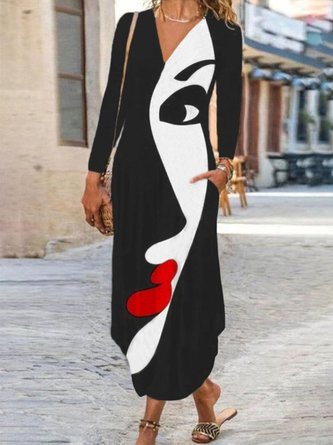Casual Long Sleeve V Neck Printed Knitting Dress
