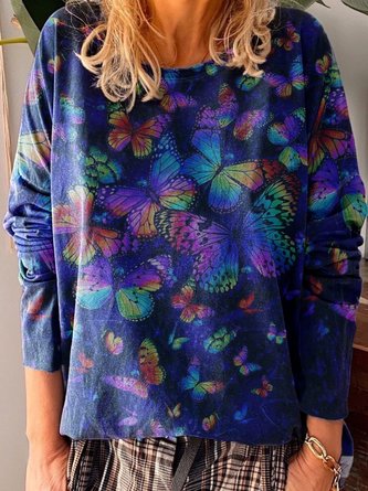 Round Neck Simple Cotton-Blend Printed T-shirt
