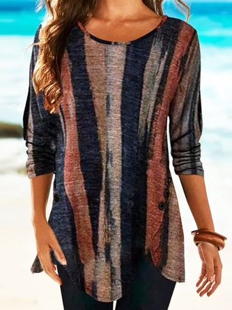Brown Stripes Printed Casual Long Sleeve Shift Tops
