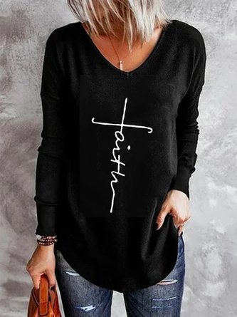 Vintage Faith Letter Printed Long Sleeve V Neck Casual Tops