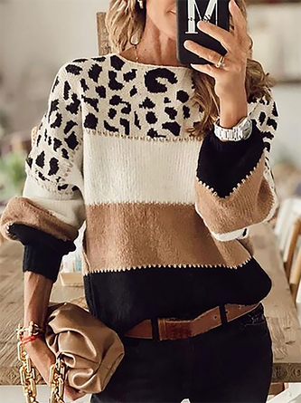 Plus size Crew Neck Leopard Long Sleeve Sweater