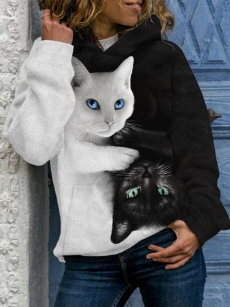 Vintage Cats Printed Hoodie Color-Block Long Sleeve Plus Size Casual Sweatshirts