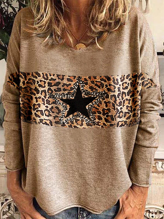 Long Sleeve Round Neck Leopard Printed Casual T-shirt