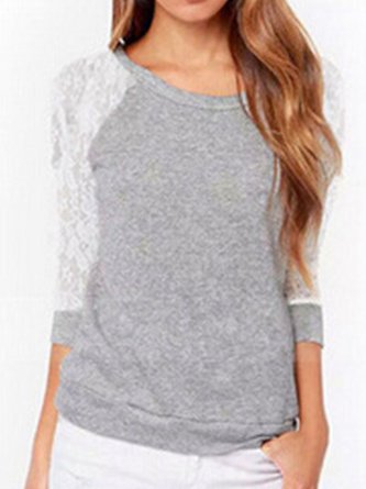 Lace Long sleeve Casual Crew Neck T-shirt