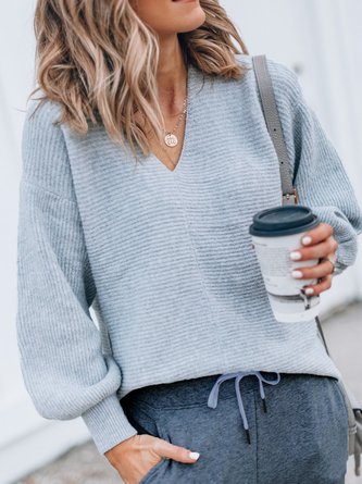 Spring Elegant Solid Polyester V neck Date Long sleeve Regular Off Shoulder Sleeve Sweater for Women