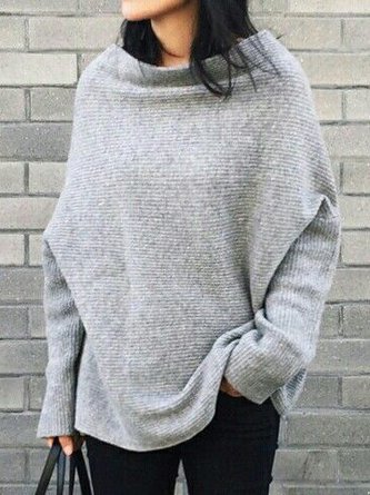 Autumn Casual Solid Polyester Mid-weight Daily Long sleeve Cowl neck Off Shoulder Sleeve Sweater for Women