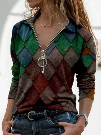 Geometric Casual Lapel Tops