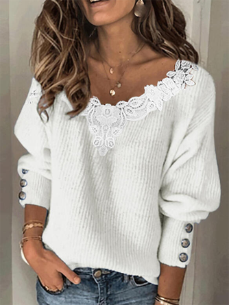Lace Patchwork Casual V Neck Solid Sweater
