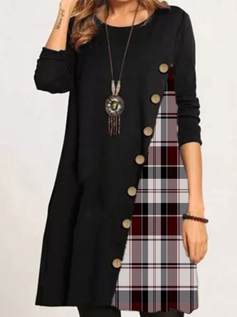 Checked/Plaid Printed Casual Round Neck Long Sleeve A-line Knitting Dress