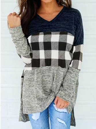 Casual Color Block Checked/Plaid Printed V Neck Loosen Tops