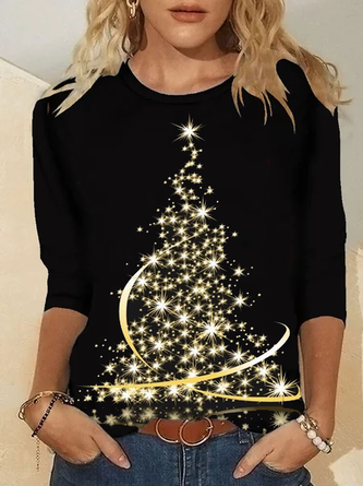 Christmas Tree Crew Neck T-shirt Holiday Xmas Jersey Micro-Elasticity Loose Long Sleeve T-shirt