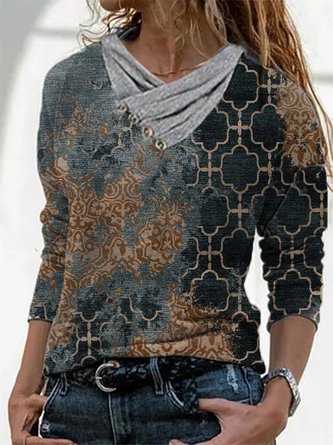 Long Sleeve Cowl Neck Printed Casual T-shirt