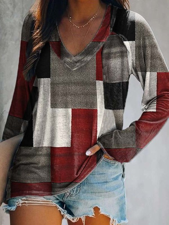 Long Sleeve V Neck Color Block Casual T-shirt