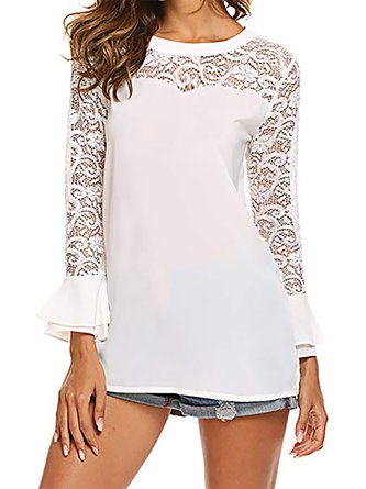 Lace Long Sleeves Solid Shirts & Tops